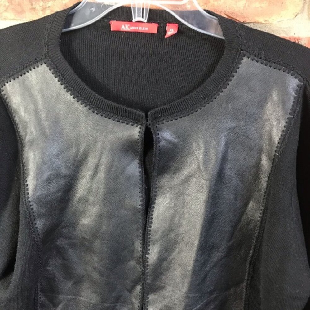 Anne Klein Vintage Y2K Wool Leather Cardigan Sweater Jacket Top Soft Black XL - Picture 4 of 16